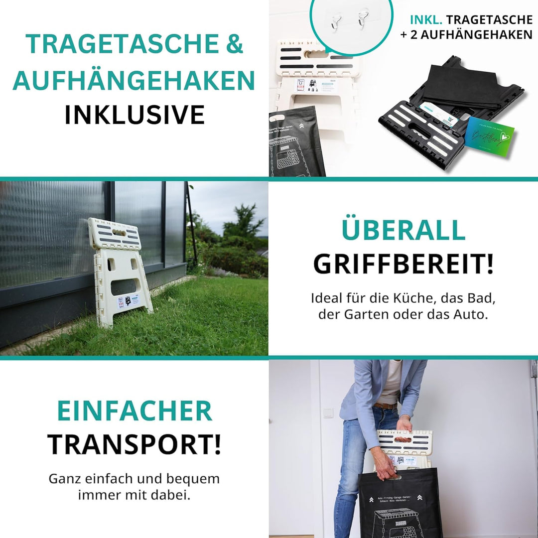 VERGLEICHSSIEGER - Alason Tritthocker Klappbar 22 cm, Belastbar bis 150 kg – Mit Aufhängehaken &amp; Auf