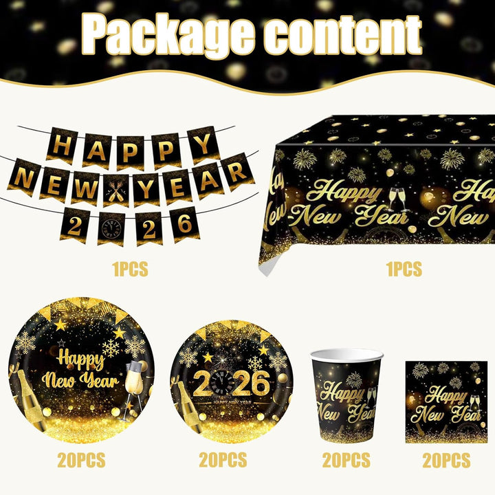 Antsparty 2025 Neujahr Partygeschirr für 20 Gäste, 82 Stück Silvester Partygeschirr mit Happy New Ye