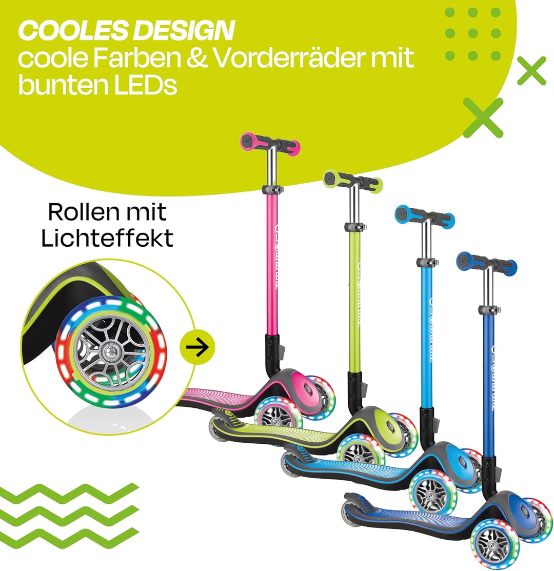 GLOBBER Elite Deluxe Lights – Tretroller Kinder, 120/80 mm, ABEC 5, 3-rädrig, höhenverstellbar, LED-