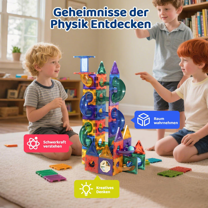 Magnetbausteine Kugelbahn in Regenbogenfarben mit 116 Teilen, Kleine 6cm Grösse, Lernspielzeug für K