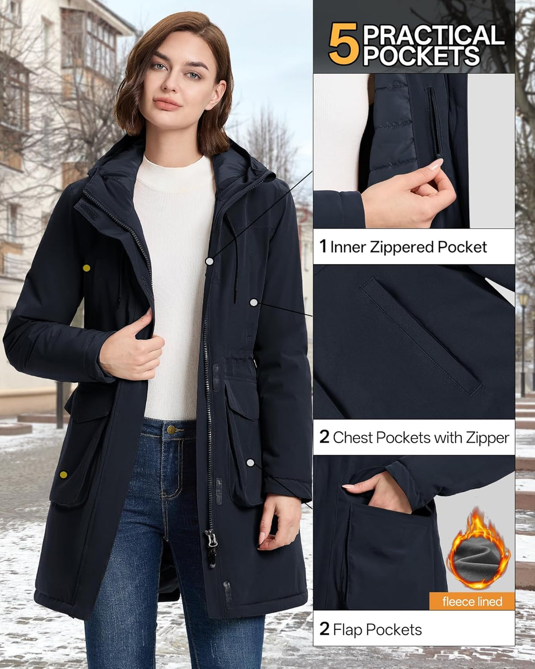 33,000ft Damen Wintermantel Lange Warme Winterjacke Parka Regenjacke Verdickene Funktionsjacke Mit K
