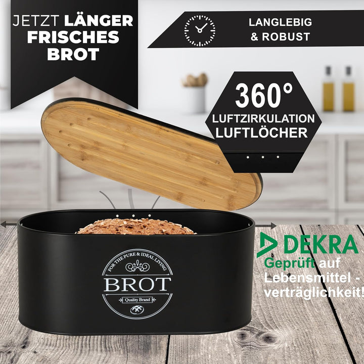 IDEALTASTIC® Premium 2-in-1 Brotkasten schwarz mit effizientem Schneidebrett-Deckel I Länger frischh