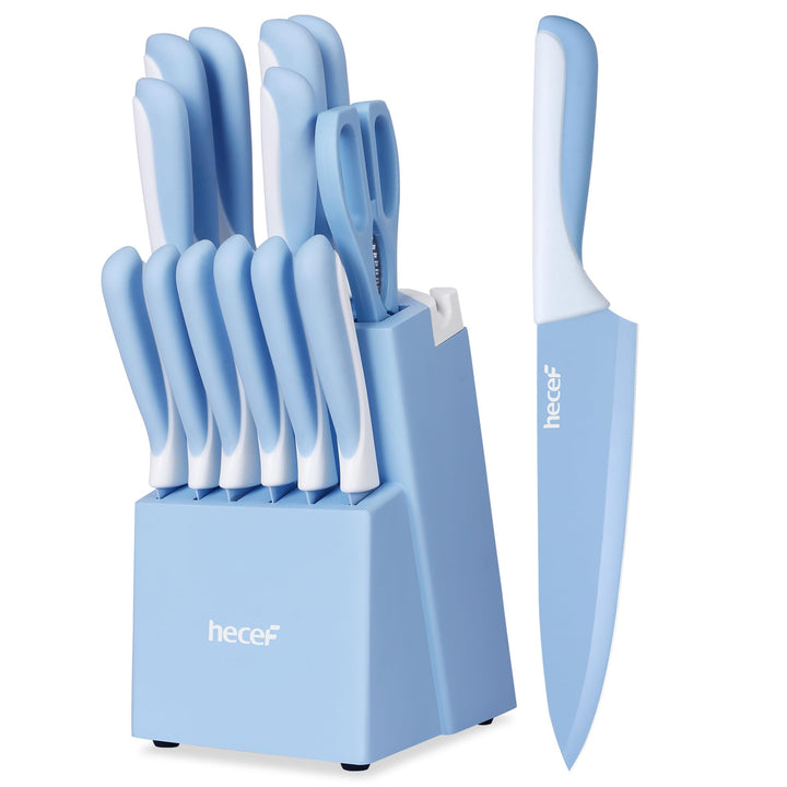 hecef 14-teilig Messerblock mit Messer, Blau, Antihaft-Beschichtung – Spülmaschinenfest, Messerblock