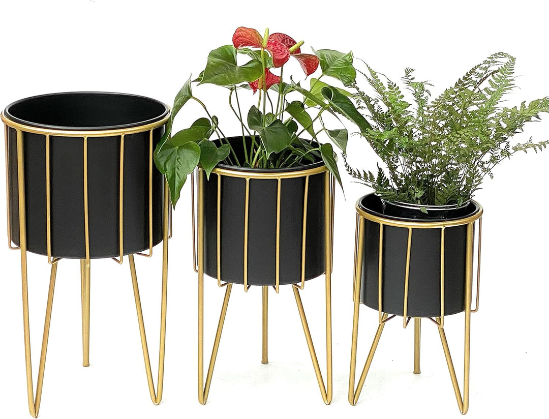 DanDiBo Blumenhocker mit Topf Metall Gold Schwarz Rund 3er Set Blumenständer 96039 Blumensäule Moder