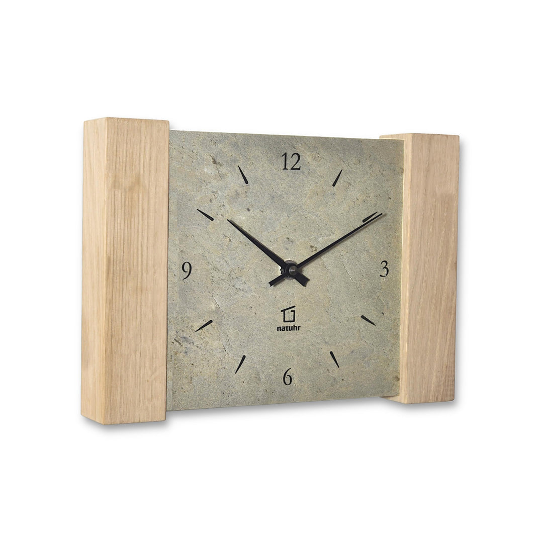 Natuhr Tischuhr Wanduhr Wildspitze Holz Eiche Heller Stein Schiefer geräuscharmes Quarz-Uhrwerk (Gra