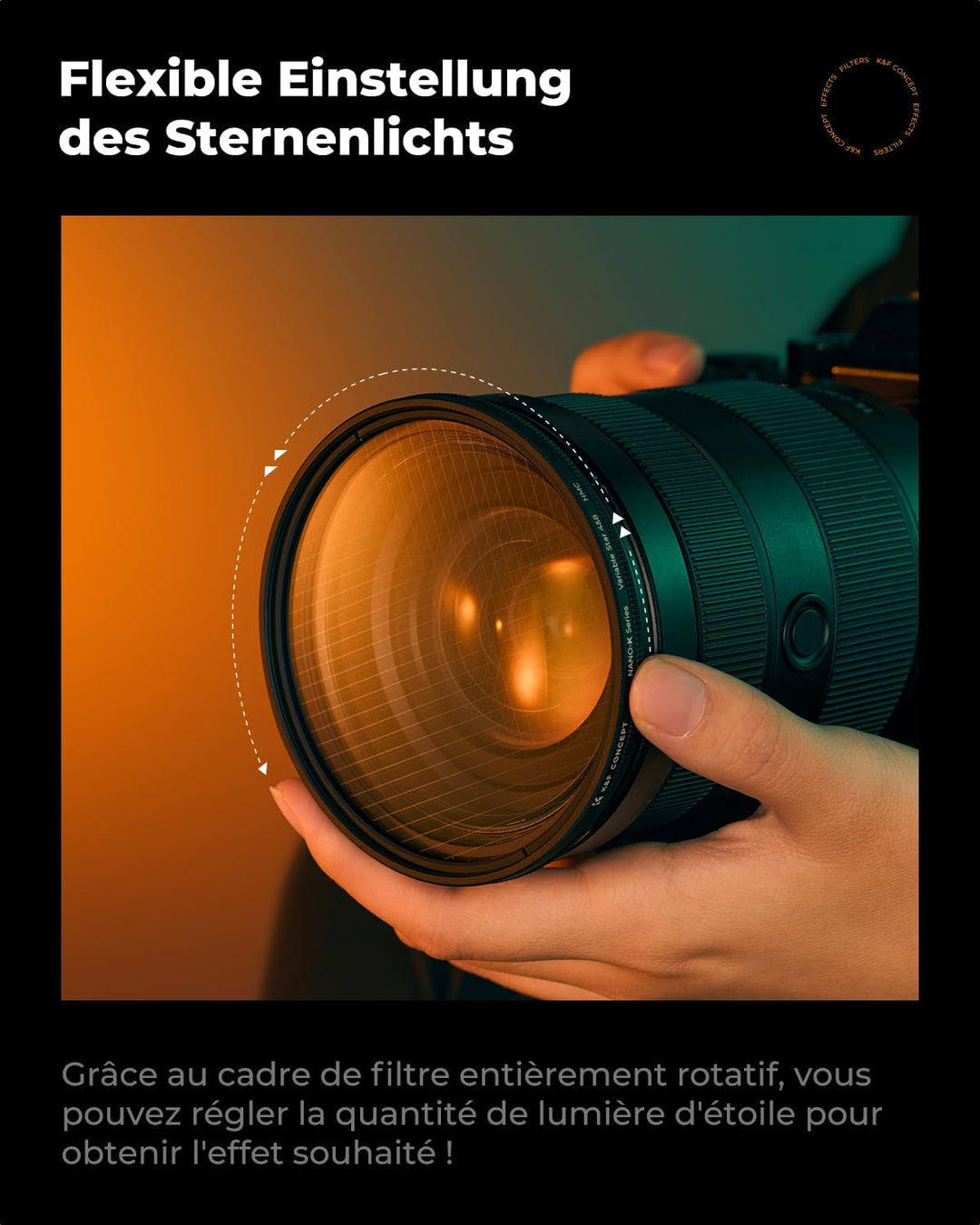 K&F CONCEPT Variabler 62mm Sternfilter 4 Punkte, 8 Punkte für Sternenlichteffekte (Nano-Klear), 62mm