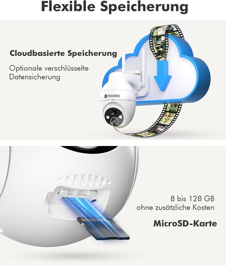 YESKANO 2K Überwachungskamera, WLAN, für den Aussenbereich, kabellos, Solarpanel, 360 °, PTZ, Kamera