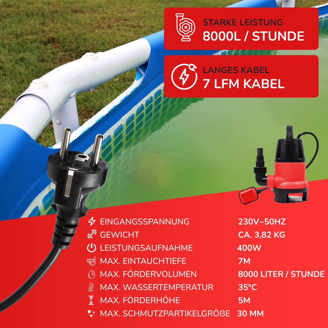 Belko® JP400-D2 Schmutzwasserpumpe mit integriertem Schwimmer-schalter Tauchpumpe mit Griff - 8000 L