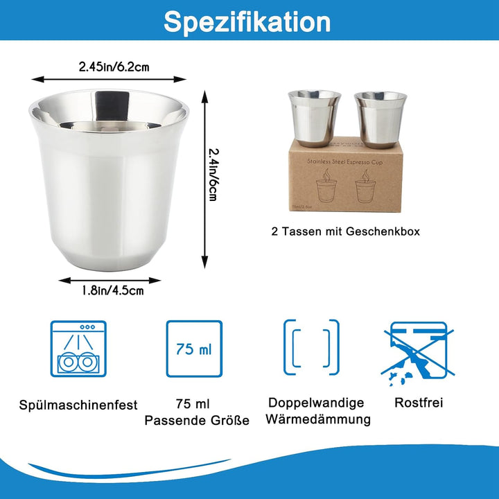 Easyworkz Espressotassen aus Edelstahl, doppelwandig, isoliert, 75ml Demitasse-Tassen, 2er-Set, hitz