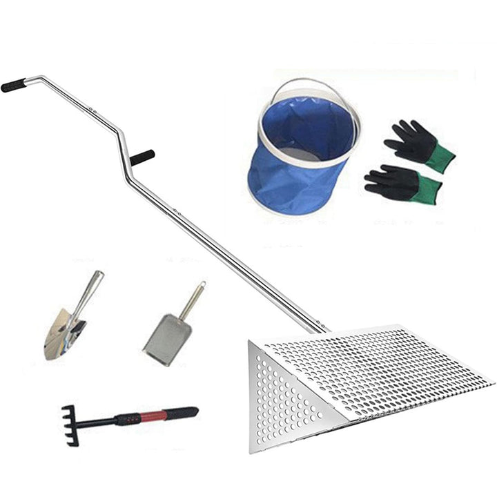 Sand Flohrechen Set, Edelstahl Strandsand Sieb, Abnehmbarer Langer Griff mit Eimer, Handschuhe, Scha