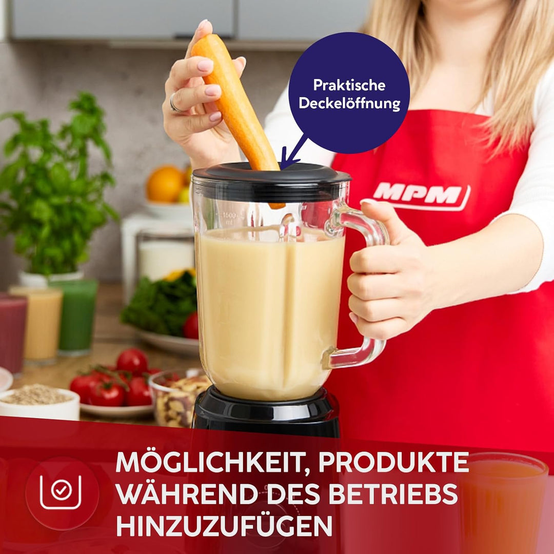 MPM Standmixer MBL-37 - Mixer Küche mit Glasbehälter 1,5L - Starker Mixer mit Edelstahlmessern 750W