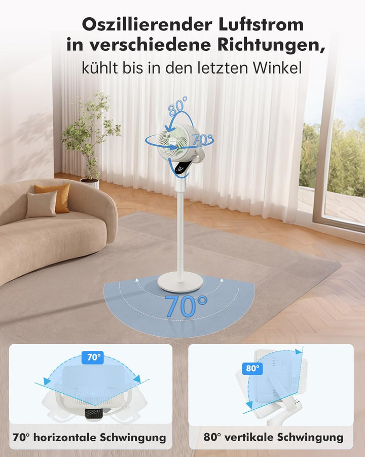 WOWDSGN Standventilator mit Fernbedienung, leiser Ventilator 22 dB, Windgeschwindigkeit 7,2 m/s, 70°