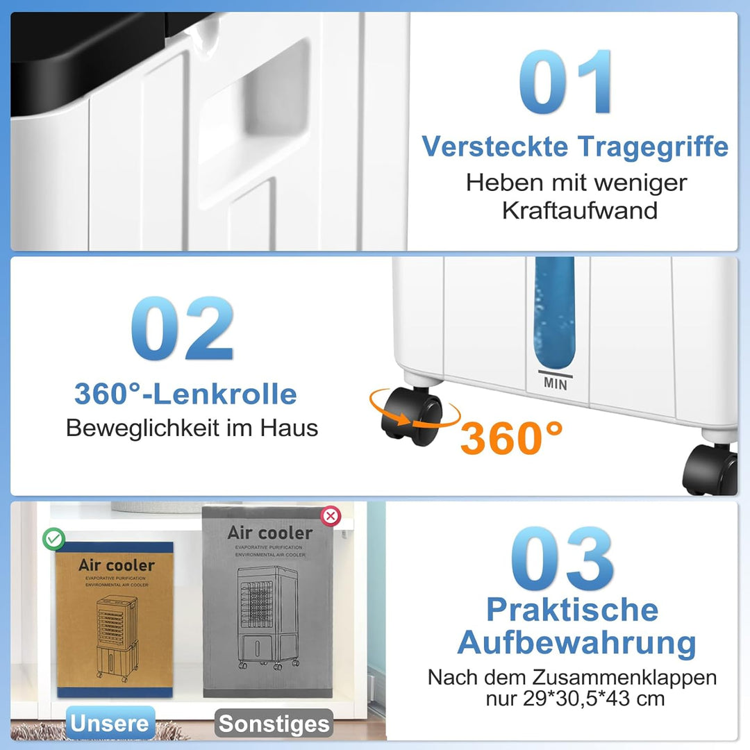 Klimaanlage Mobil, 14L 60W Klimaanlage ohne Abluftschlauch mit 12H Timer, 3 Modus, 40dB, 120°Oszilla