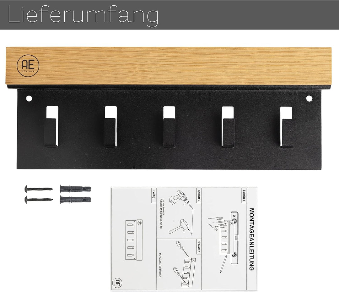 AE GÜNTHER® Schlüsselbrett Holz - Schlüsselhalter Schwarz Stahl - Schlüsselboard Eiche - Schlüssel o