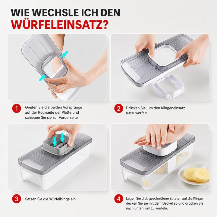 7-in-1 Gemüseschneider und Mandoline Gemüsehobel - Vertikaler Würfelschneider mit Behälter, Julienne