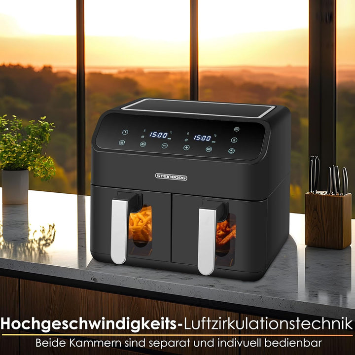 Heissluftfritteuse | 2 Kammern | Heissluftfritteuse | 4 in 1 Mini Backofen | Fritteuse | Dörrautomat
