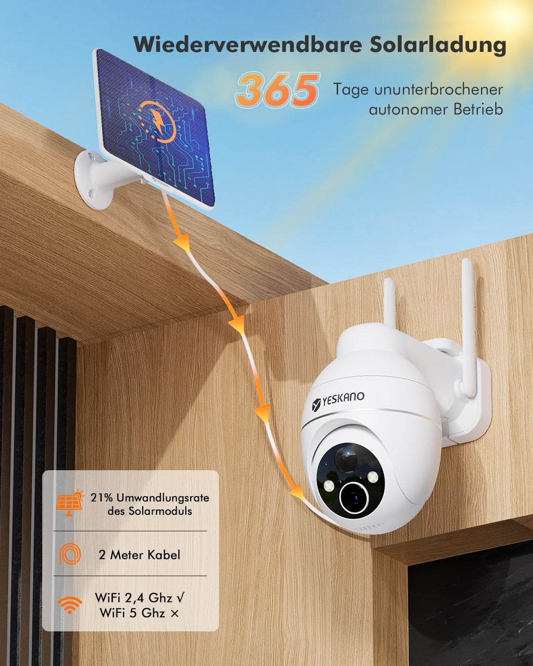 YESKANO 2K Überwachungskamera, WLAN, für den Aussenbereich, kabellos, Solarpanel, 360 °, PTZ, Kamera