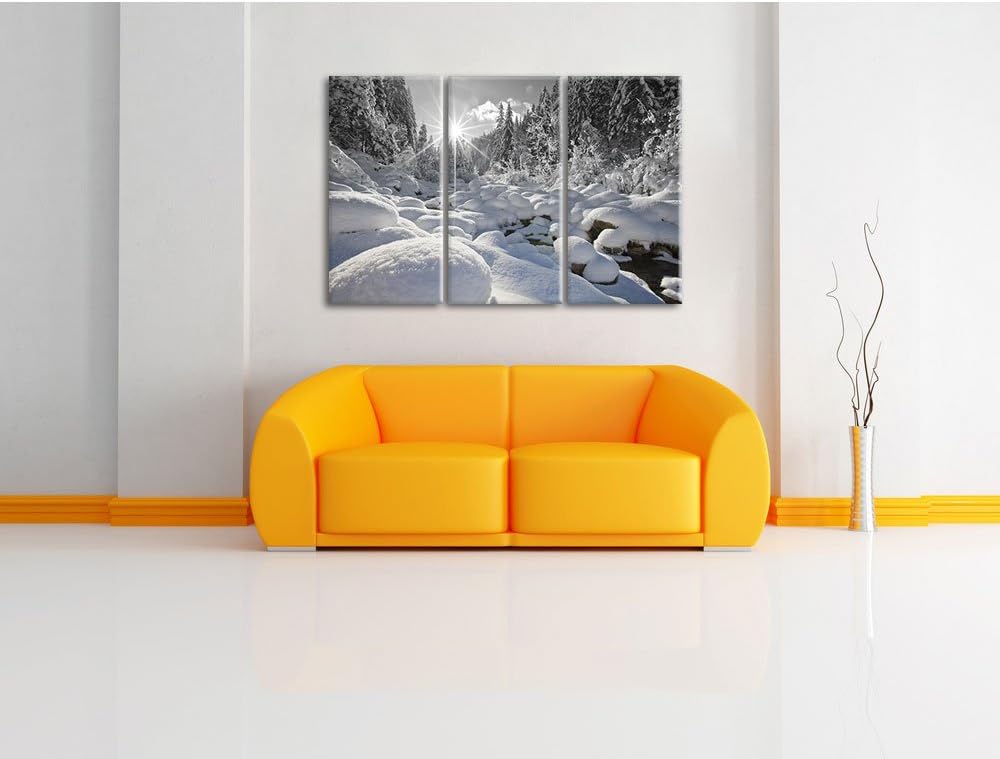 Pixxprint Sonnenstrahlen im schneebedeckten Wald B&amp;W Detail 3-Teiler Leinwandbild 120x80 Bild auf Le