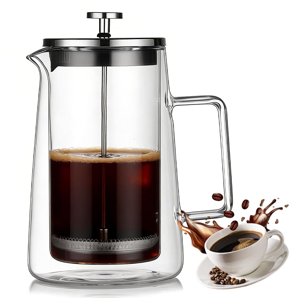 CEWROM French Press Kaffeebereiter, 1000ml Tragbare Doppelwand Glas-Kaffeepresse, Kaffeepresse aus E