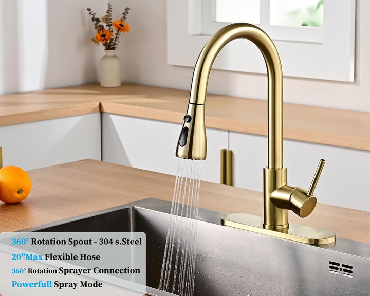 Havin Goldfarbene Küchenarmatur mit ausziehbarem Magnetsprüher, hoher Lichtbogen, Edelstahlmaterial,
