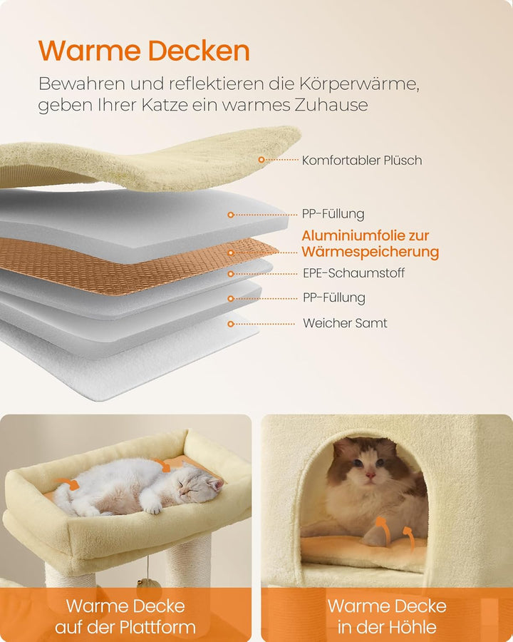 Feandrea Kratzbaum, mit warmen Decken, für grosse Katze, Katzenbaum, 2 Katzenbürsten, 11,1 cm d Dick