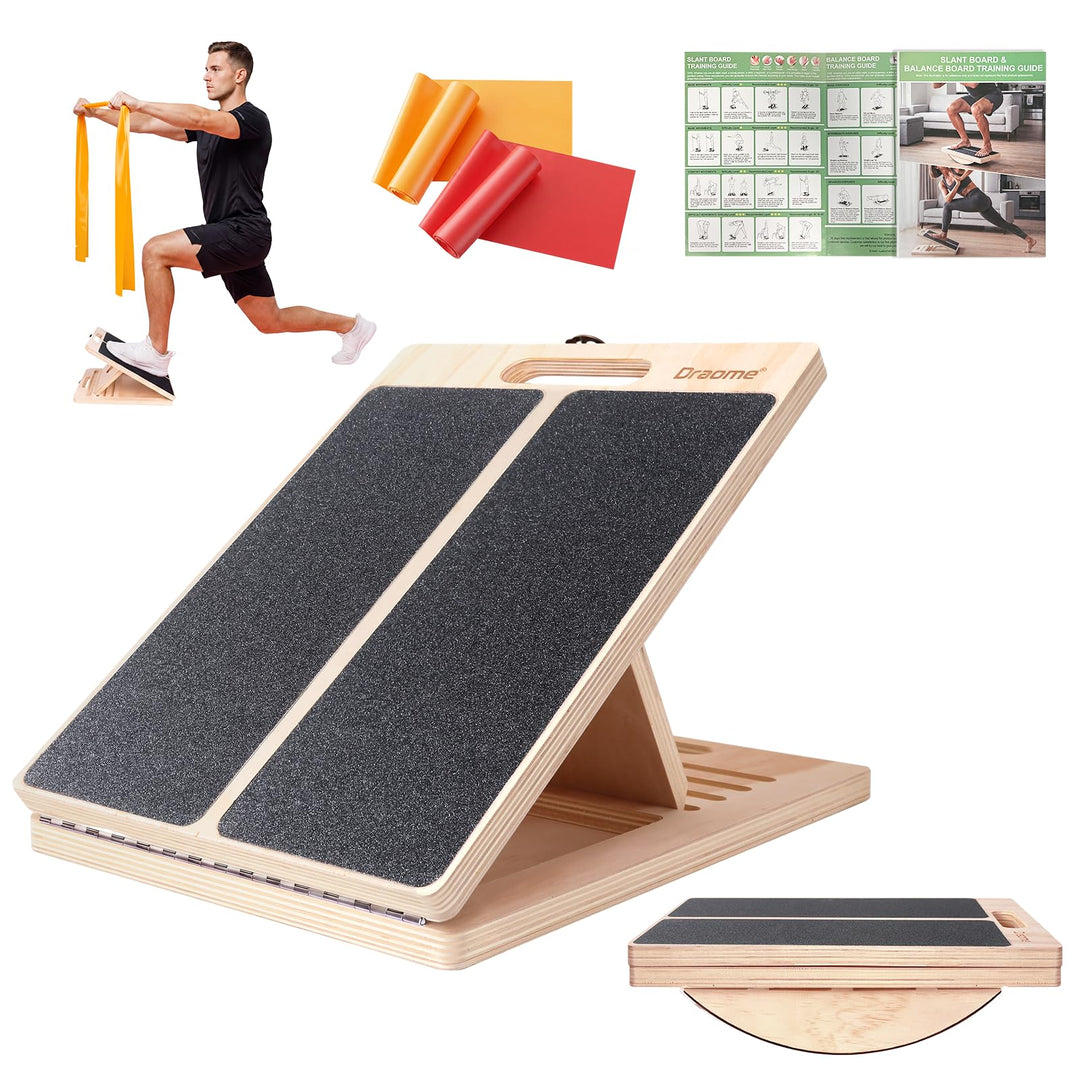 2 in 1 Balance Board &amp; Slant Board, Verstellbar Wadendehner Schrägbrett Holz mit 2 Widerstandsbänder