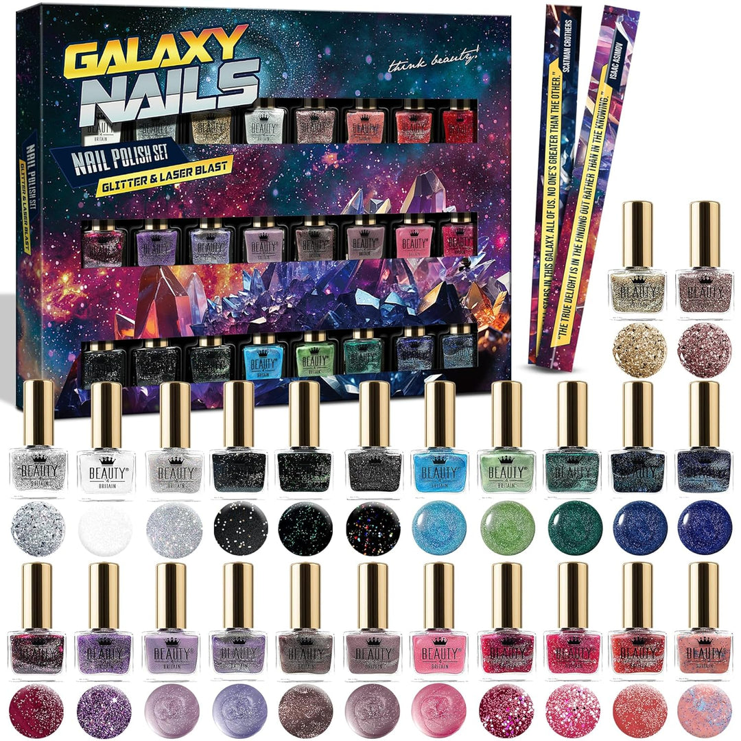 Set aus 24 Glitzer-Nagellacken – 24 Faszinierende Farbtöne in einer Kosmischen Box – 6.5 ml Fläschch