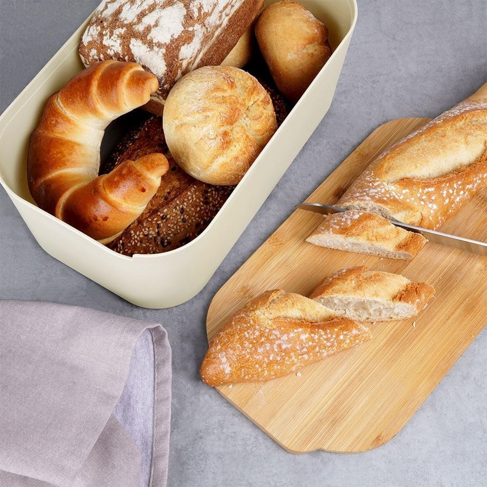 Vilde Brotkasten mit Bambusdeckel - Hochwertige Brotbox Cremefarben 33x18,5x12cm - Brotaufbewahrung