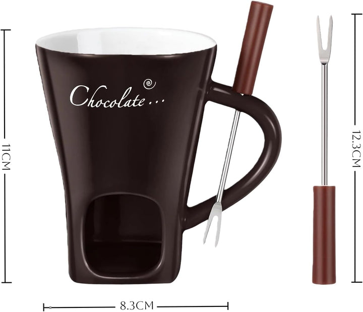 2 Stück Schokofondue Tasse, Käsefondue Set mit Gabel, Keramik Tasse Schoko Fondue, Schokoladenfondue