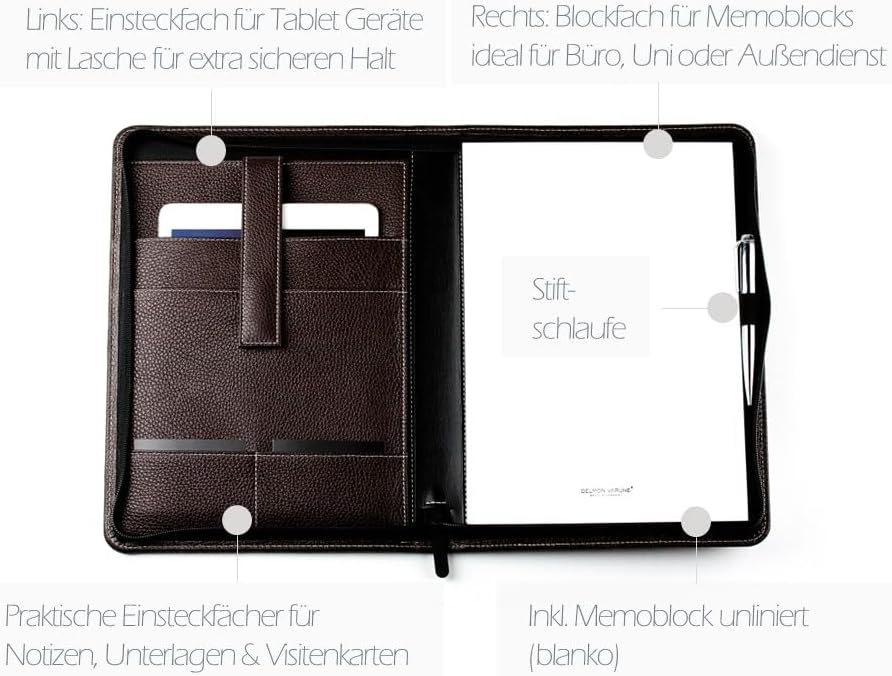 DELMON VARONE - Personalisierbare Tablet Schreibmappe DIN A4 aus Premium Soft Grain Leder braun - Or