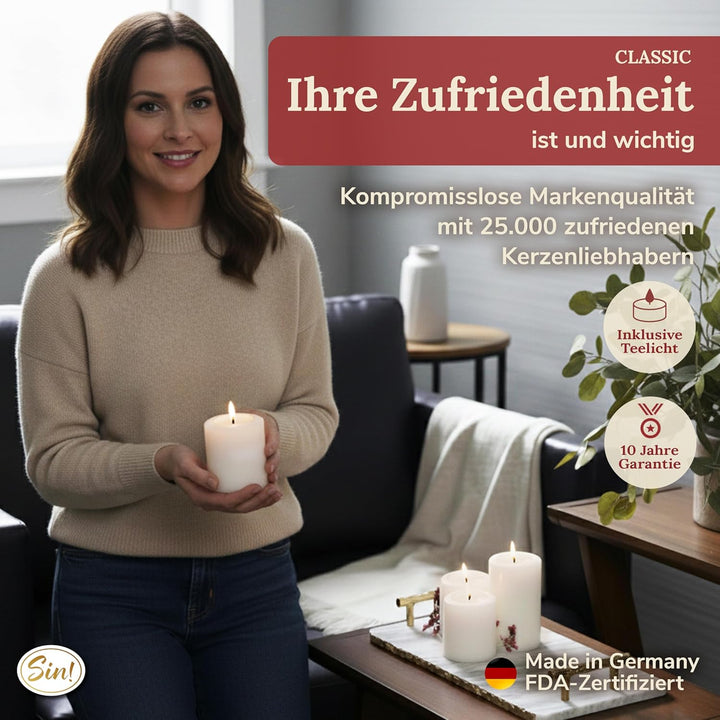 Sin! 4er Set Teelichthalter Classic warmweiss - ∅ 7 cm - Höhe 9 cm, Dauerkerze mit Teelicht in Kerze