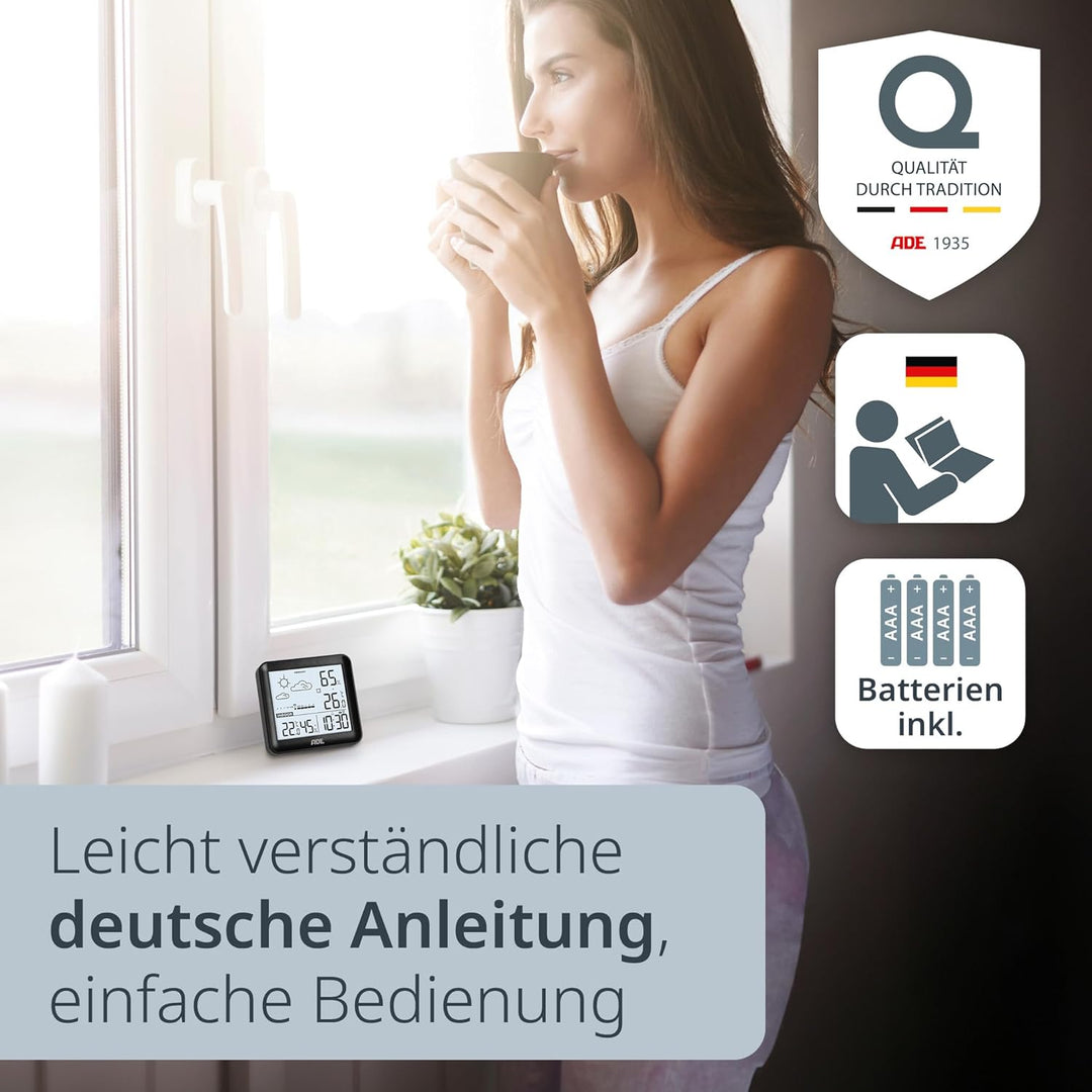 ADE Kleine digitale Wetterstation funk mit Aussensensor und Wettervorhersage | Innen- und Aussentemp