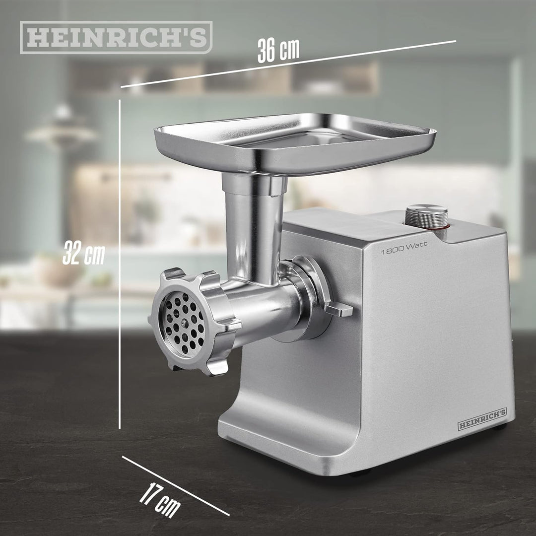 HEINRICHS Elektrischer Fleischwolf & Wurstmaschine inkl.3 verschiedene Hacksiebe+Kebbeaufsatz+ Wurst