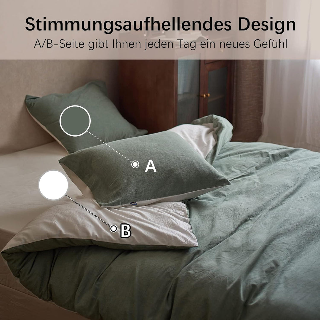 MILDLY 135x200 Baumwolle Salbeigrün, Bettwäsche-Sets 100% Gewaschene mit Leinenartigem Griff,Zertifi