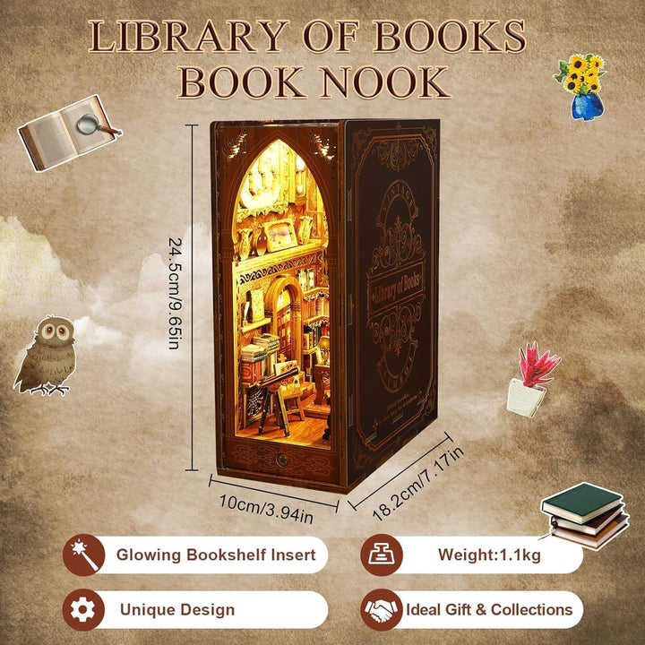 suruim Book Nook Kit-DIY Puppenhaus Holz Haus, 3D Holzpuzzle Bücherecke Bücherregaleinsatz mit Senso