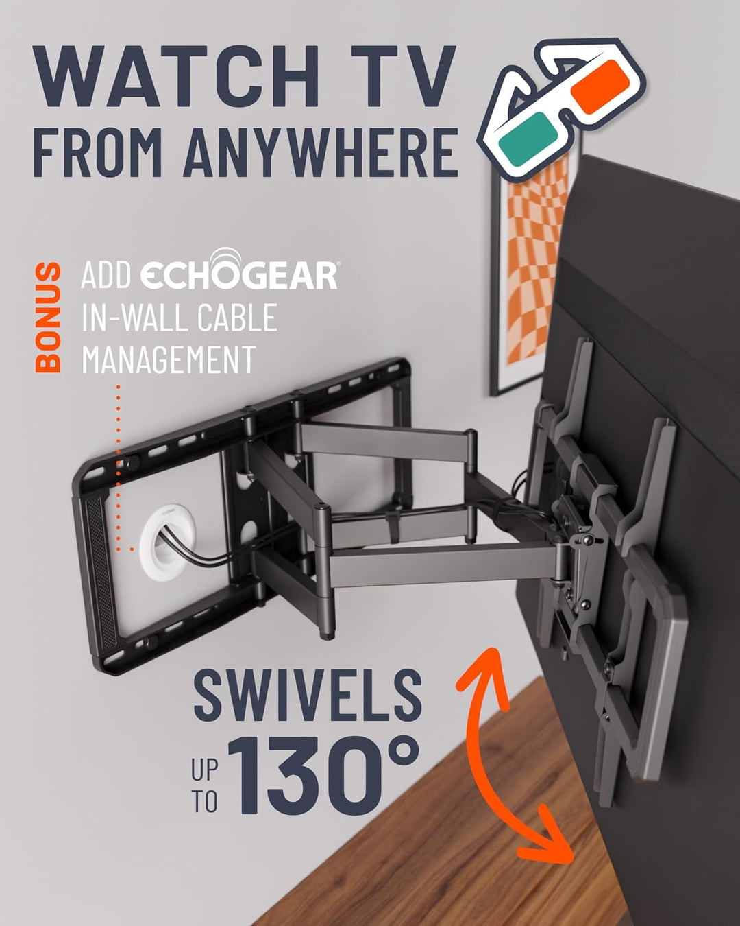 ECHOGEAR Full Motion Articulating TV Wall Mount Bracket for 42"-86" TVs - Easy to Install On 16", 18