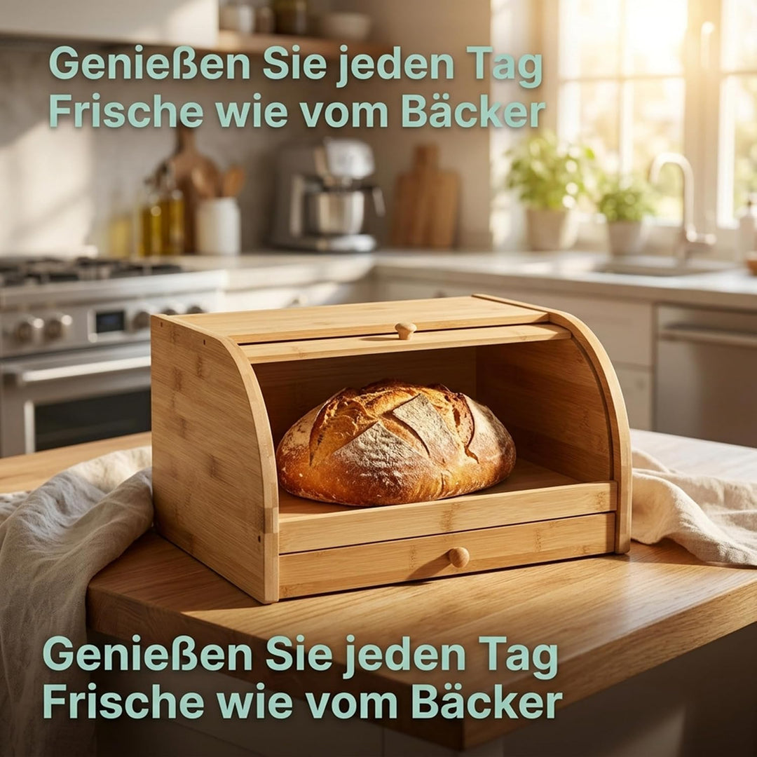Relaxdays Rollbrotkasten mit Schublade, Bambus, aromadicht, Brotkasten mit Rolldeckel, HxBxT: 21 x 4