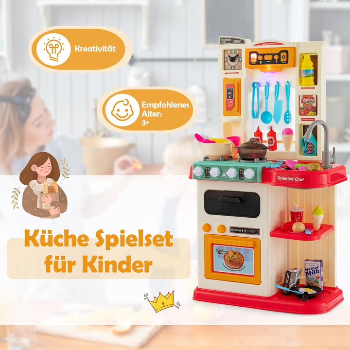 DREAMADE Kinderküche mit 38 TLG. Zubehör, Kinderspielküche mit Spülbecken Wasserhahn Herd Öfen, Spie