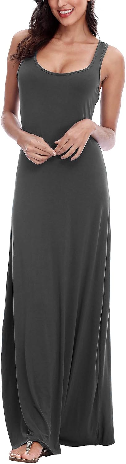 EXCHIC Damen Sommer Leichte Ärmellos Strand Maxi Kleid Elegant Elastisch Tunika Lang Kleider L Dunke