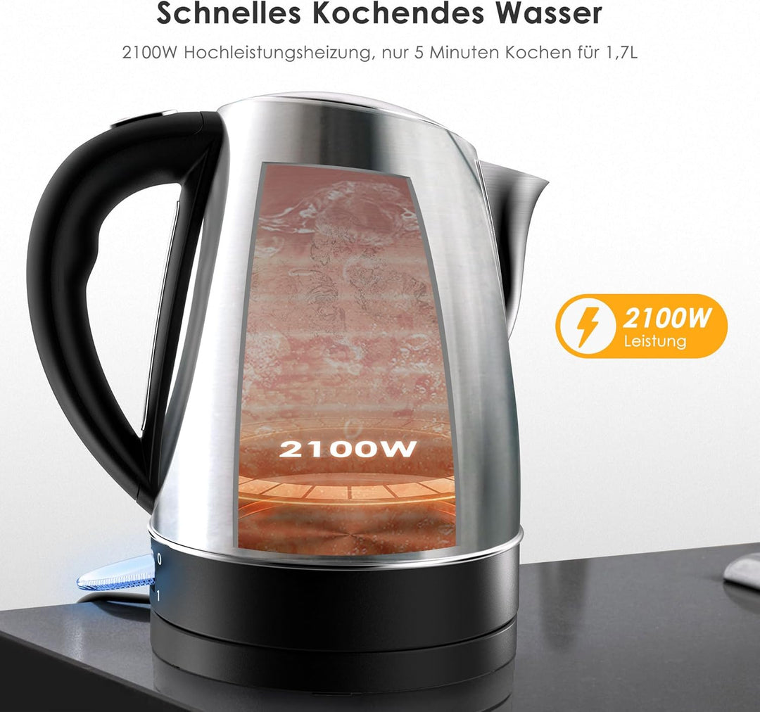 KitchenBoss Elektrischer Wasserkocher Edelstahl： 1,7L, 2100W Schnellkoch-Elektrischer Wasserkocher m
