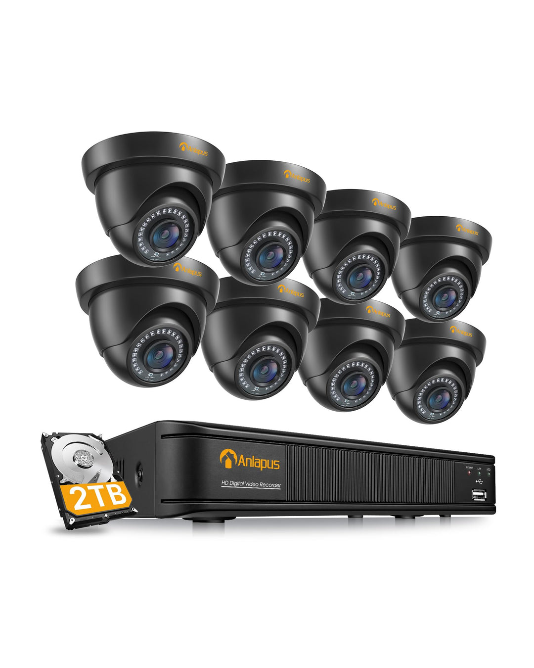 Anlapus  H.265+ 1080P Outdoor Überwachungskamera Set mit 2TB Festplatte 8CH 1080P DVR mit 8X 2MP Dom