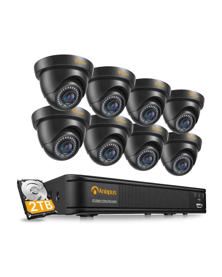 Anlapus  H.265+ 1080P Outdoor Überwachungskamera Set mit 2TB Festplatte 8CH 1080P DVR mit 8X 2MP Dom