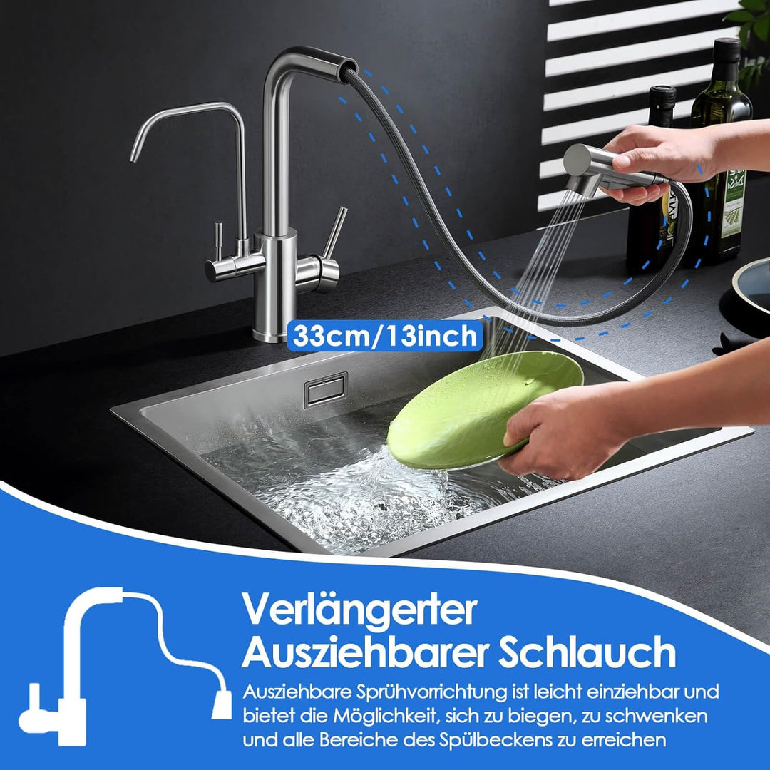 ROVOGO 3 Wege Wasserhahn Küche mit Filter, Hochdruck Küchenarmatur mit 2 Strahlarten Brause Ausziehb
