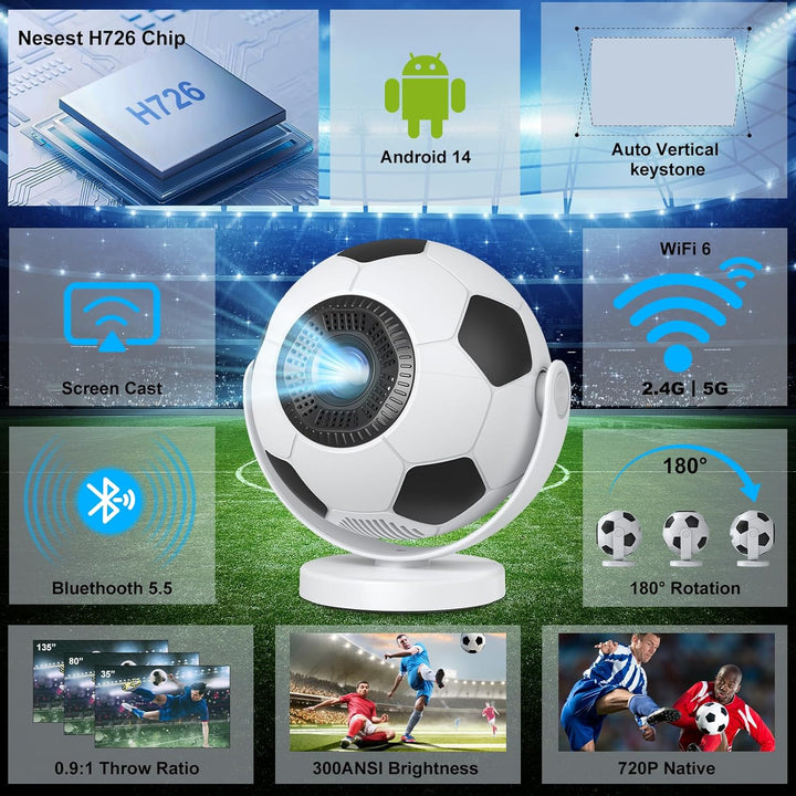 [Fussball-Beamer] Mini Beamer,Smart Projektor mit WiFi 6 und Bluetooth 5.4,Android 14,180°Dreh,Auto