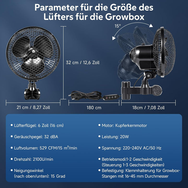 Grow Ventilator Oszillierender Clip Ventilator 6'' Mini Fan, Klemmbarer Grow Lüfter für Growzelt&Gro