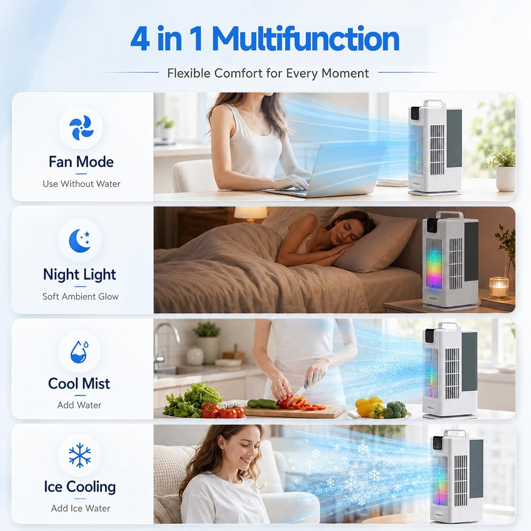 4-in-1 Verdunstungskühler Kühlventilator,Tragbarer Luftkühler mit Fernbedienung,120° Oszillation,4 S