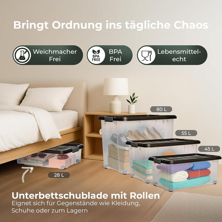 Novaliv 2x Unterbettkommode mit Rollen 28L Aufbewahrungsbox Deckel Anthrazit Nestbar stapelbare mit