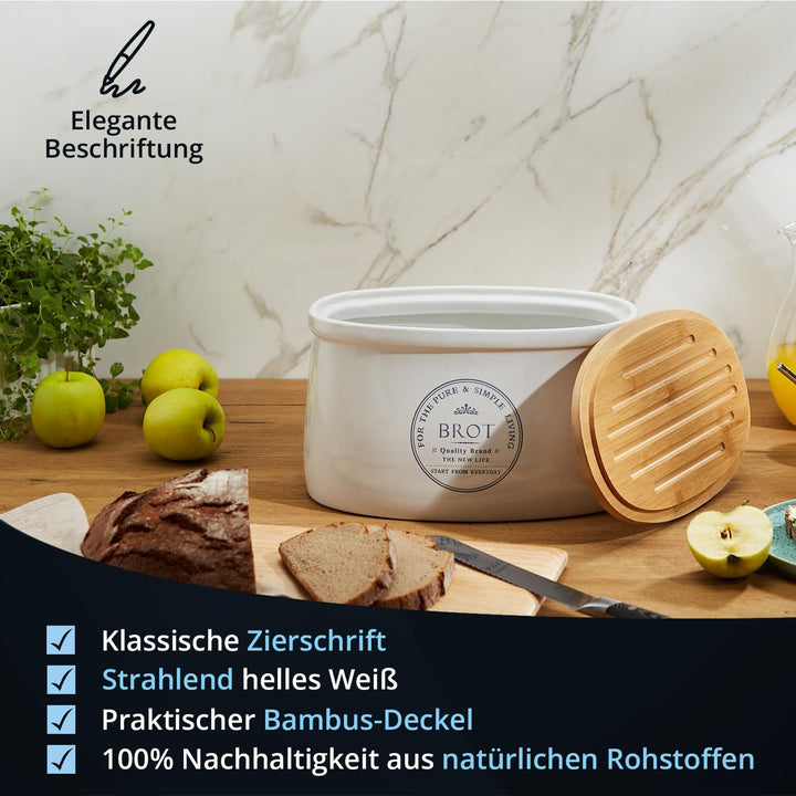 KHG Brotkasten aus Keramik Steingut gross & glasiert in Weiss mit Holzdeckel, Aufbewahrung Brotkaste