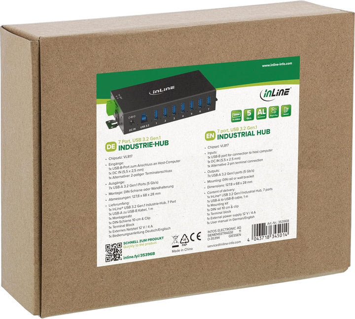 Inline USB 3.2 Gen.1 Industrie-Hub mit 7 Ports, Aluminiumgehäuse, DIN-Schienen-Montage, aktiver USB-