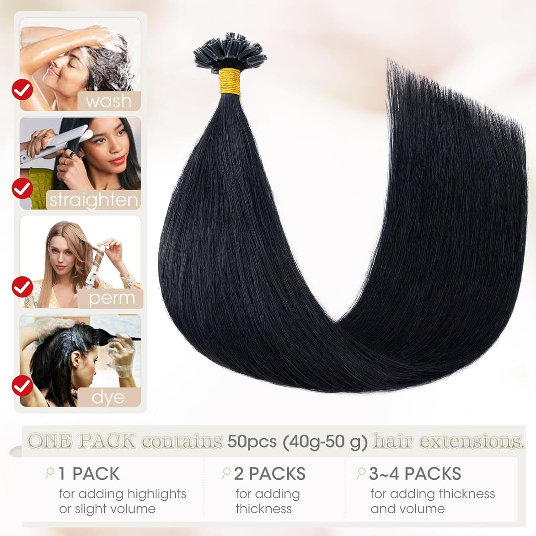 Elailite Echthaar Bonding Extensions 50g Haarverlängerung Keratin U Tip 1g/pcs 40cm 50 Stück #1 Schw